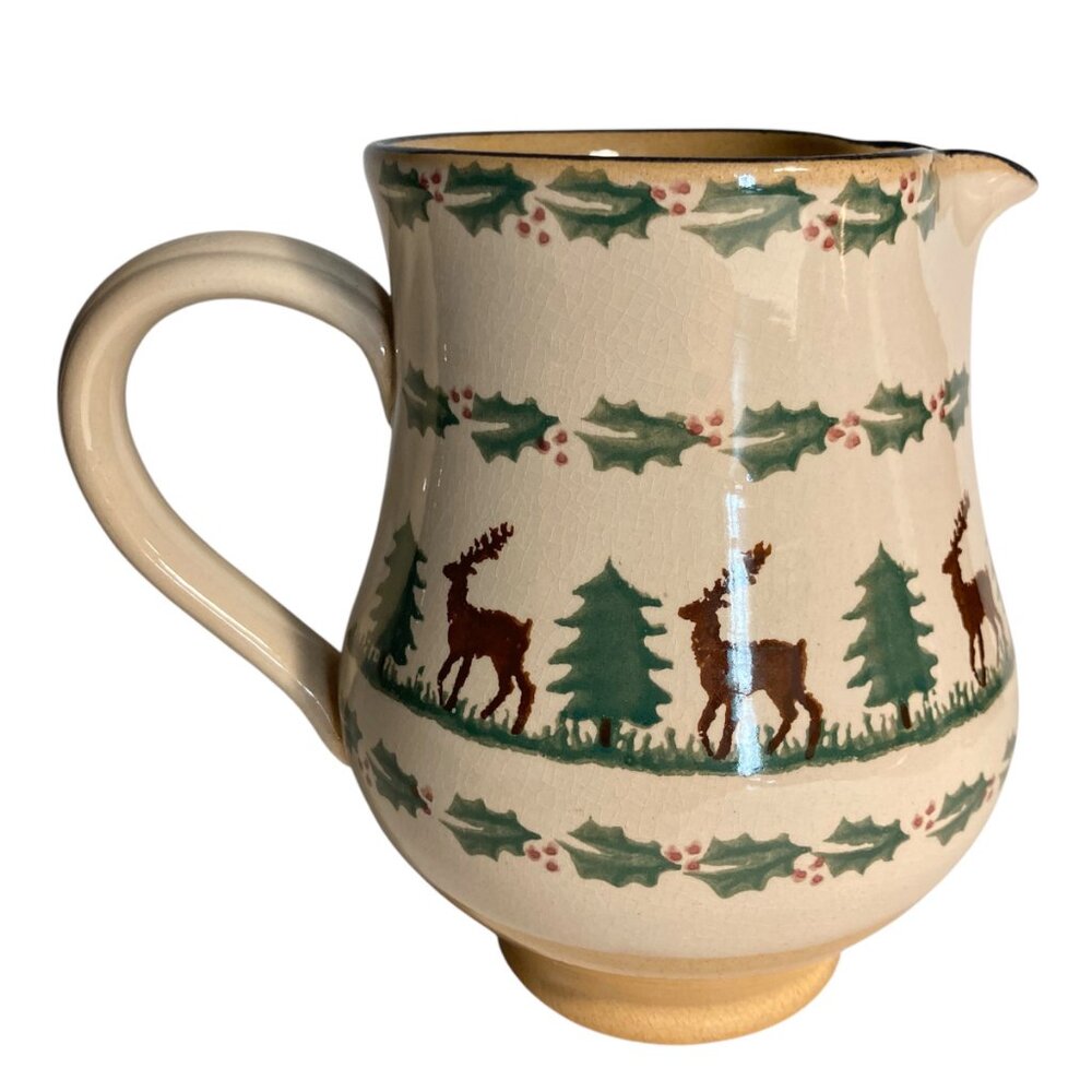 Nicholas Mosse Reindeer Christmas Holly Pottery Pitcher 6.5" Tall Made Ireland